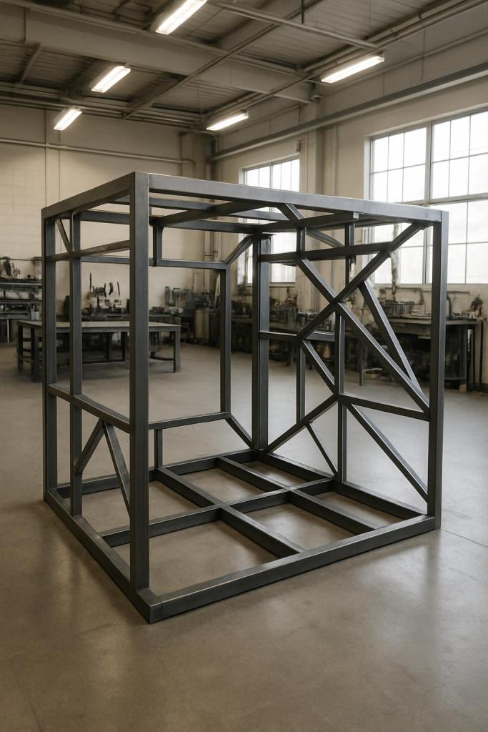 *geometrical structure with metal bars* Petit coffre en métal imposant composé de lignes complexes de barres d'acier.